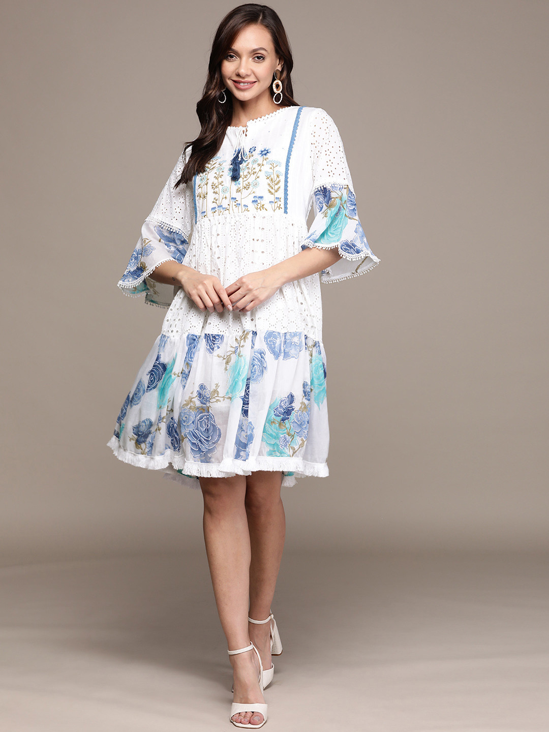 

Ishin White & Blue Floral Embroidered Tie-Up Neck A-Line Dress