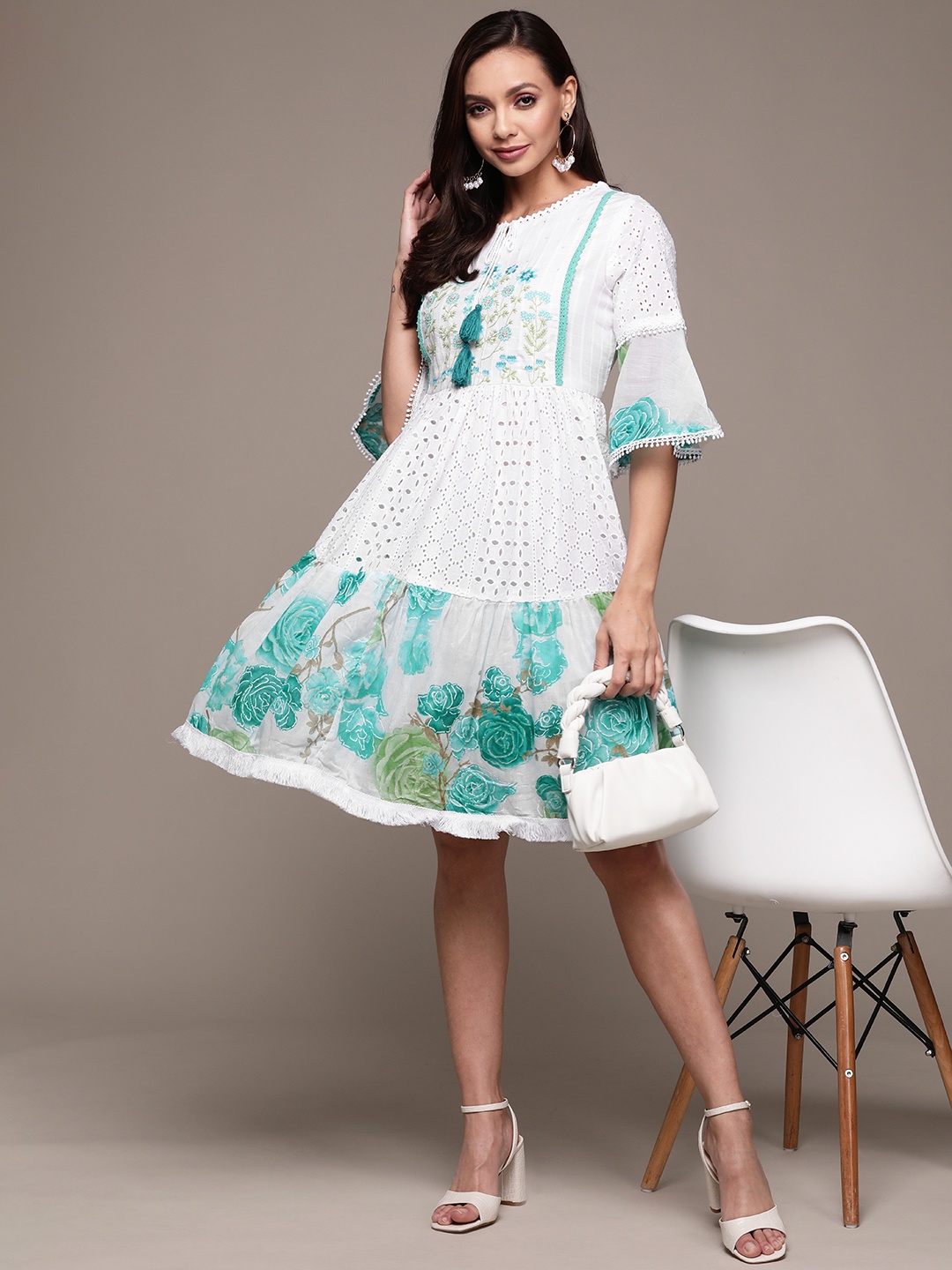 

Ishin White & Sea Green Floral Schiffli Embroidered Tie-Up Neck A-Line Dress