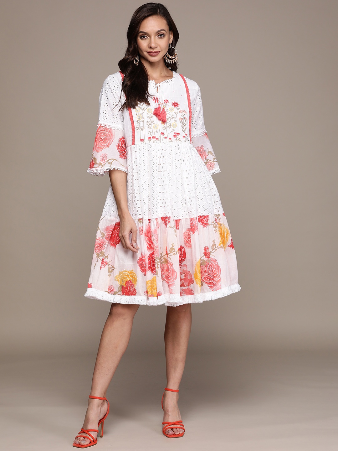 

Ishin White & Peach-Coloured Floral Embroidered Tie-Up Neck A-Line Dress