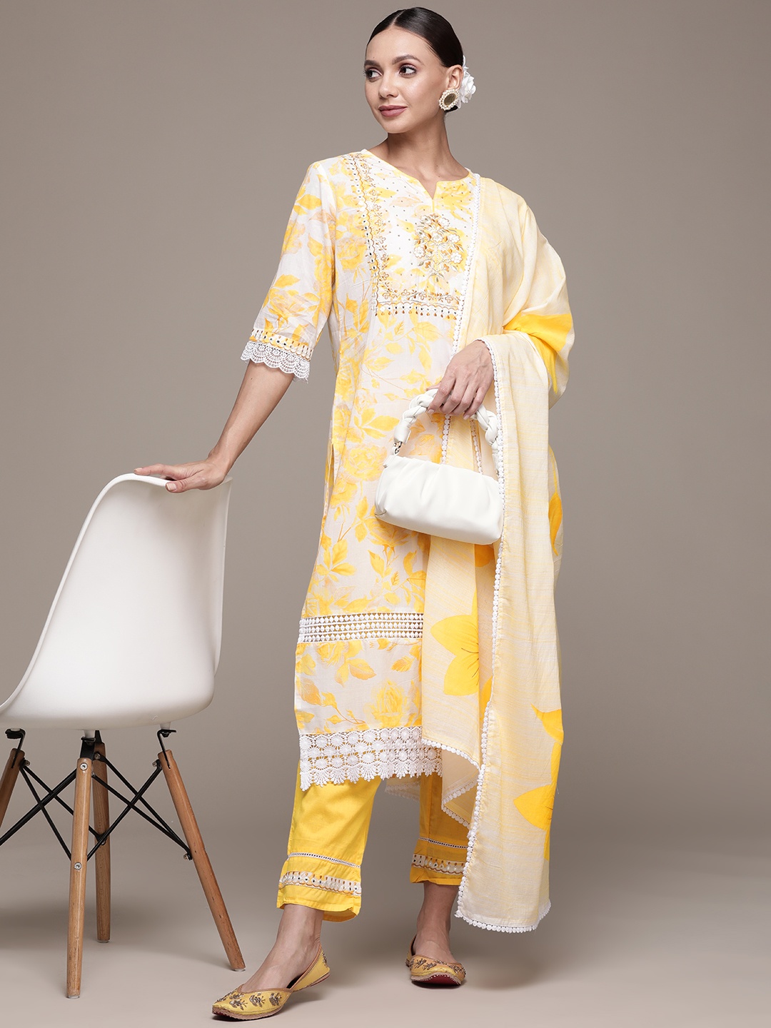 

Ishin Women Yellow Floral Printed Lace Insert Pure Cotton Kurta with Trousers & Dupatta