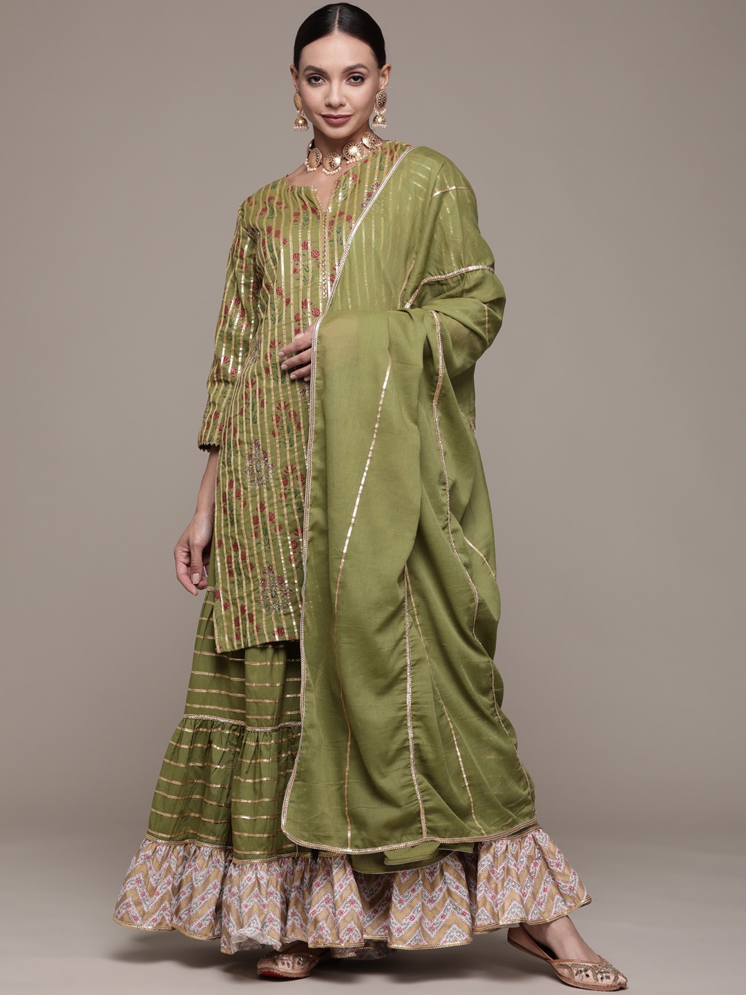 

Ishin Women Green Floral Embroidered Gotta Patti Kurta with Sharara & With Dupatta
