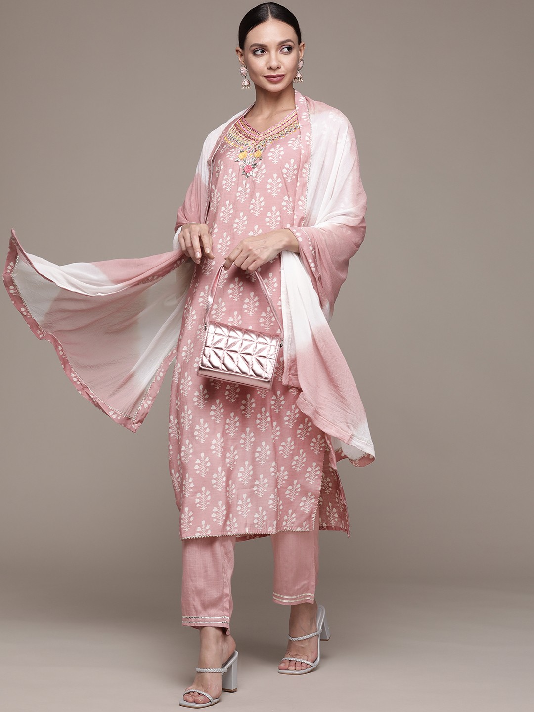 

Ishin Women Mauve Floral Yoke Design Gotta Patti Kurta with Trousers & Dupatta