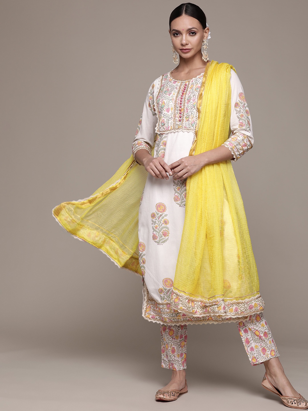 

Ishin Women White Floral Embroidered Gotta Patti Kurta with Trousers & Dupatta