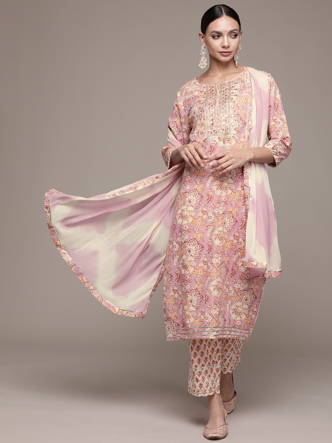 

Ishin Women Purple & Beige Floral Printed Kurta with Trousers & Dupatta