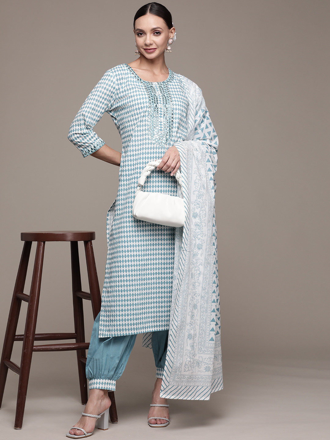 

Ishin Women Sea Green Printed Mirror Work Pure Cotton Kurta with Salwar & Dupatta