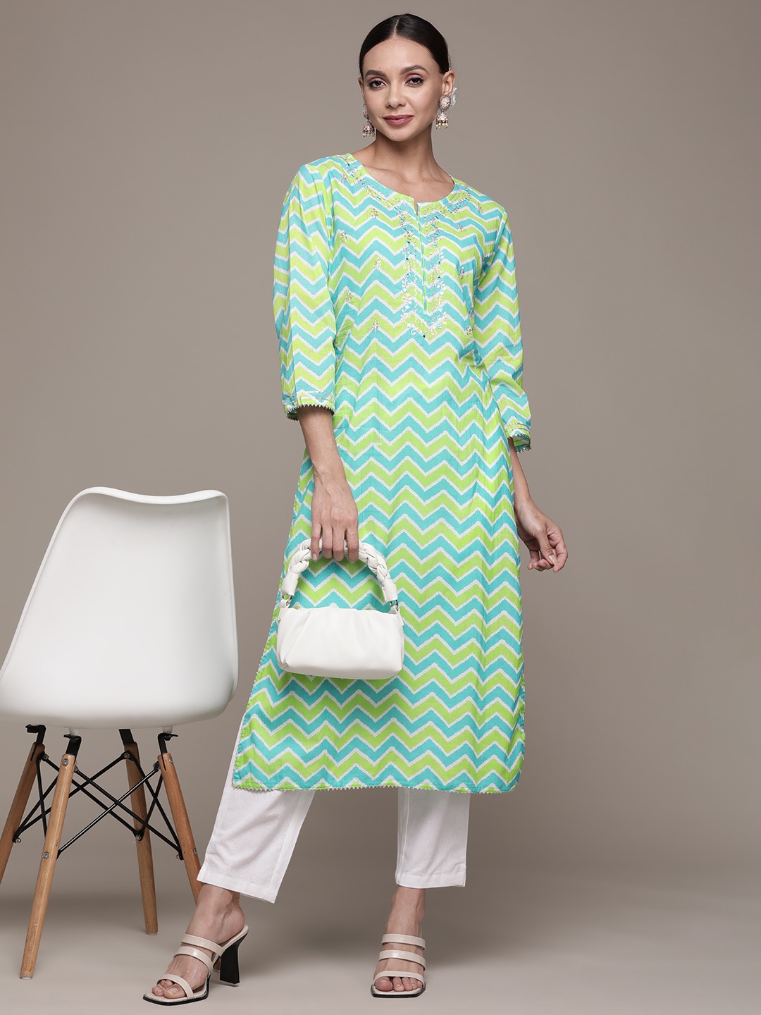 

Ishin Women Green & Blue Chevron Print Embroidered Kurta with Trousers