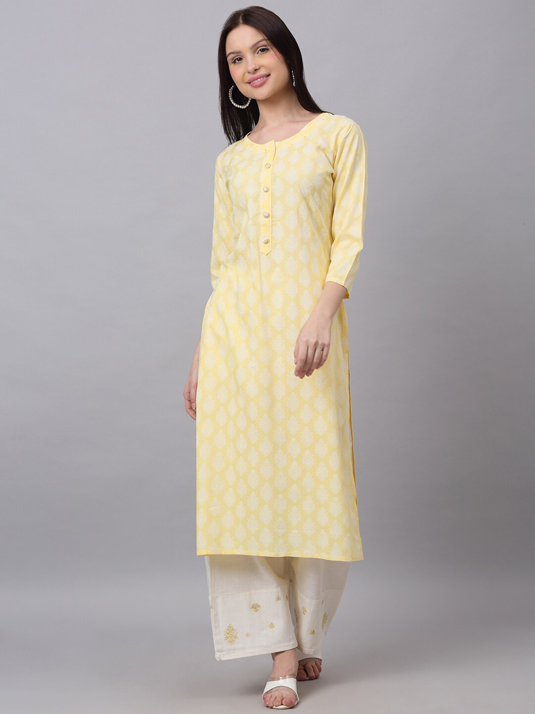 

DORIYA Women Yellow & rutabaga Ethnic Motifs Floral Kurta