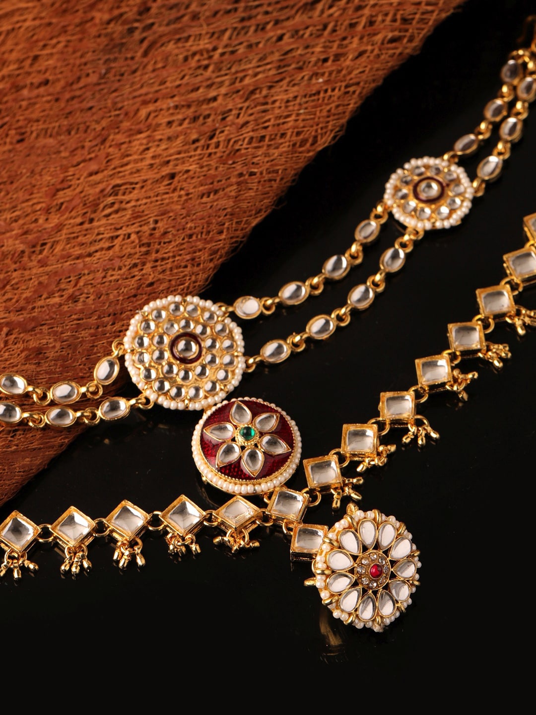 

Sanjog Gold-Plated & White Kundan Beaded Layered Borla Sheeshphool Mathapatti
