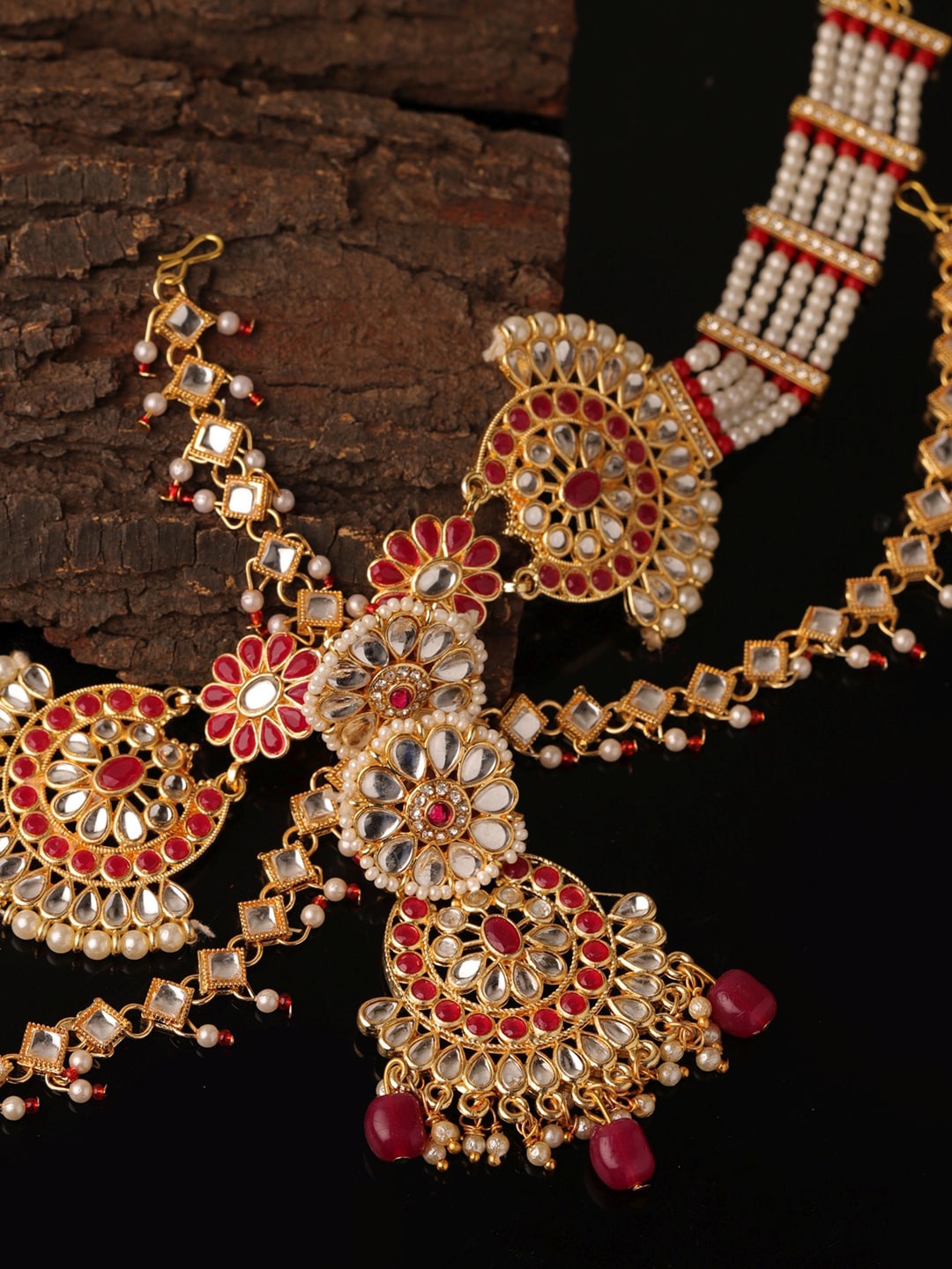 

Sanjog Gold-Plated Red & White Kundan-Studded Bridal Layered Sheeshphool Matha Patti