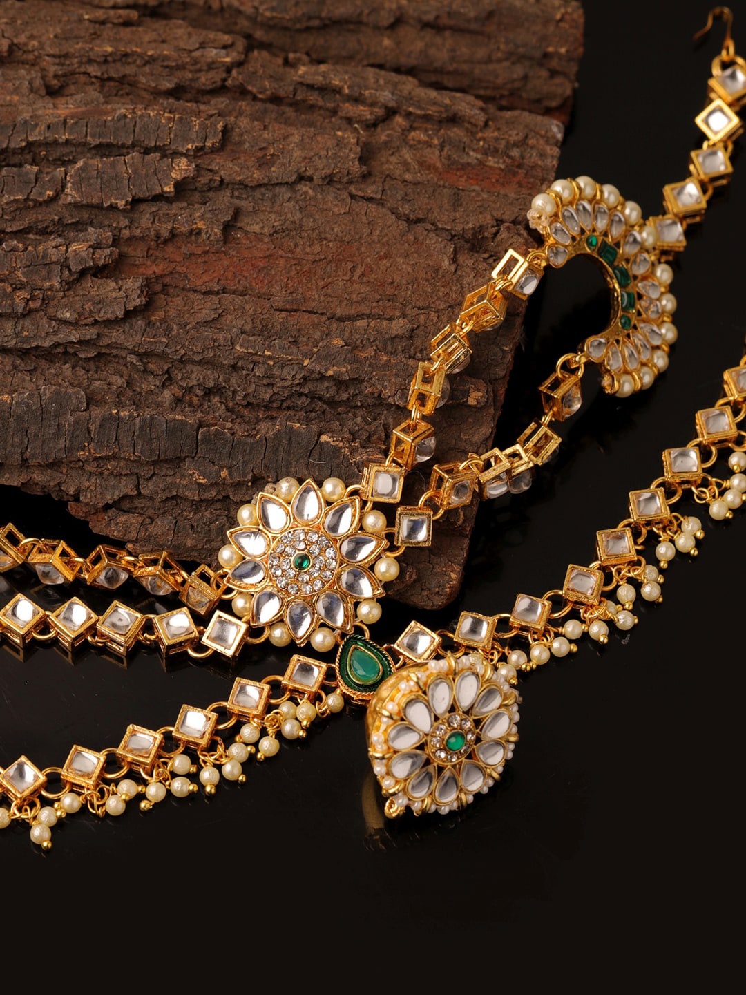 

Sanjog Gold-Plated White & Green Kundan Borla Bridal Sheeshphool Matha Patti