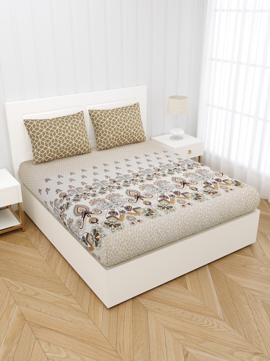 

JAIPUR FABRIC Brown & White Ethnic Motifs King Bedsheet with 2 Pillow Covers