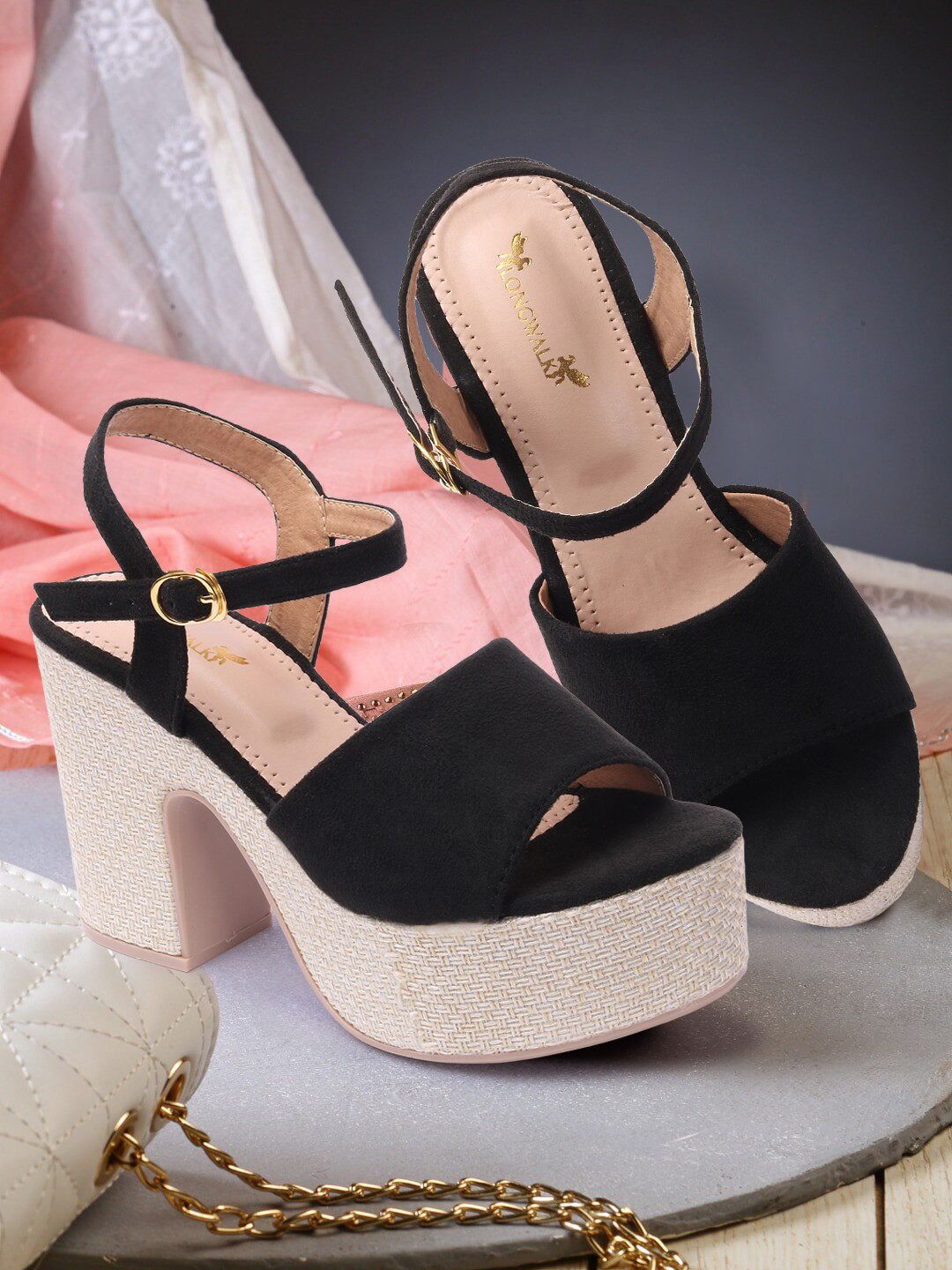 

Longwalk Black Suede Block Sandals with Buckles