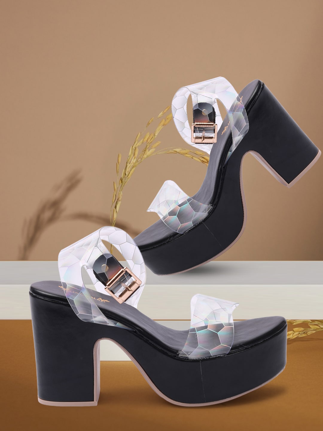 

Longwalk Black Printed Platform Sandals with Buckles