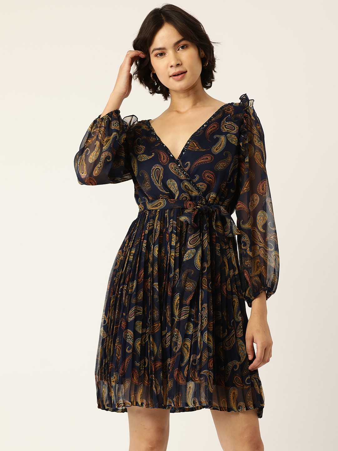 

Antheaa Navy Blue Ethnic Motifs Chiffon Dress