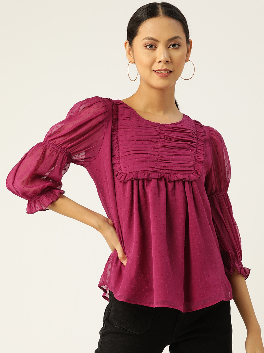 

Antheaa Solid Purple Gathered Puff Sleeves Chiffon Top