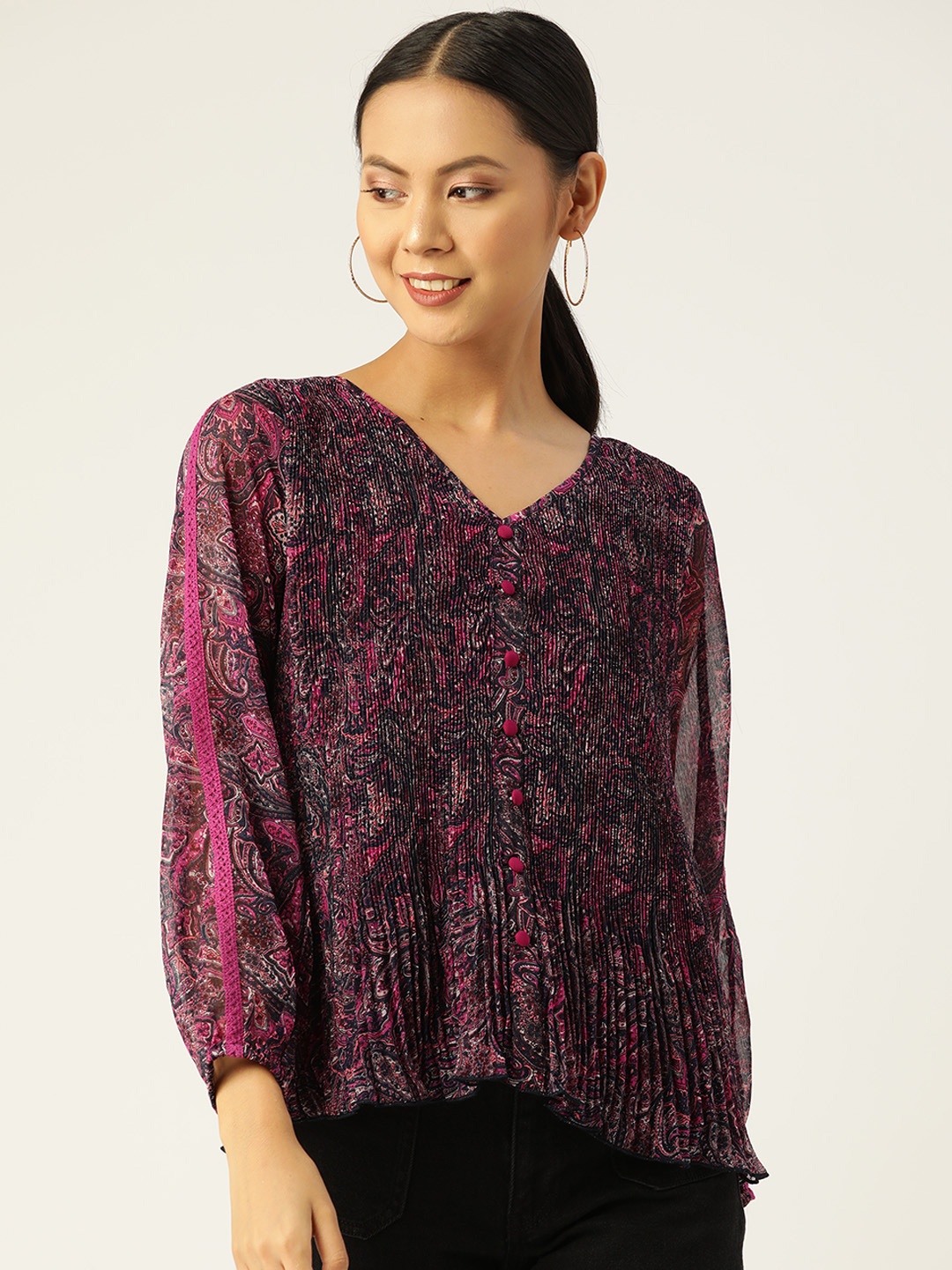 

Antheaa Women Black & Pink Ethnic Motif Print Puff Sleeves Chiffon Top