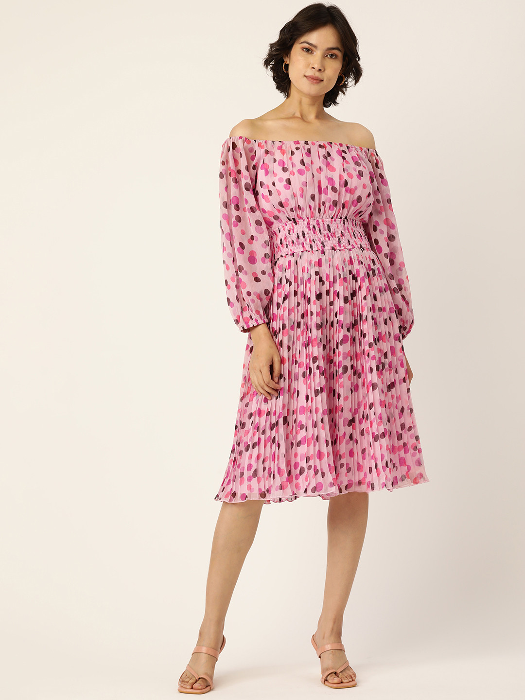 

Antheaa Pink Off-Shoulder Chiffon A-Line Midi Dress