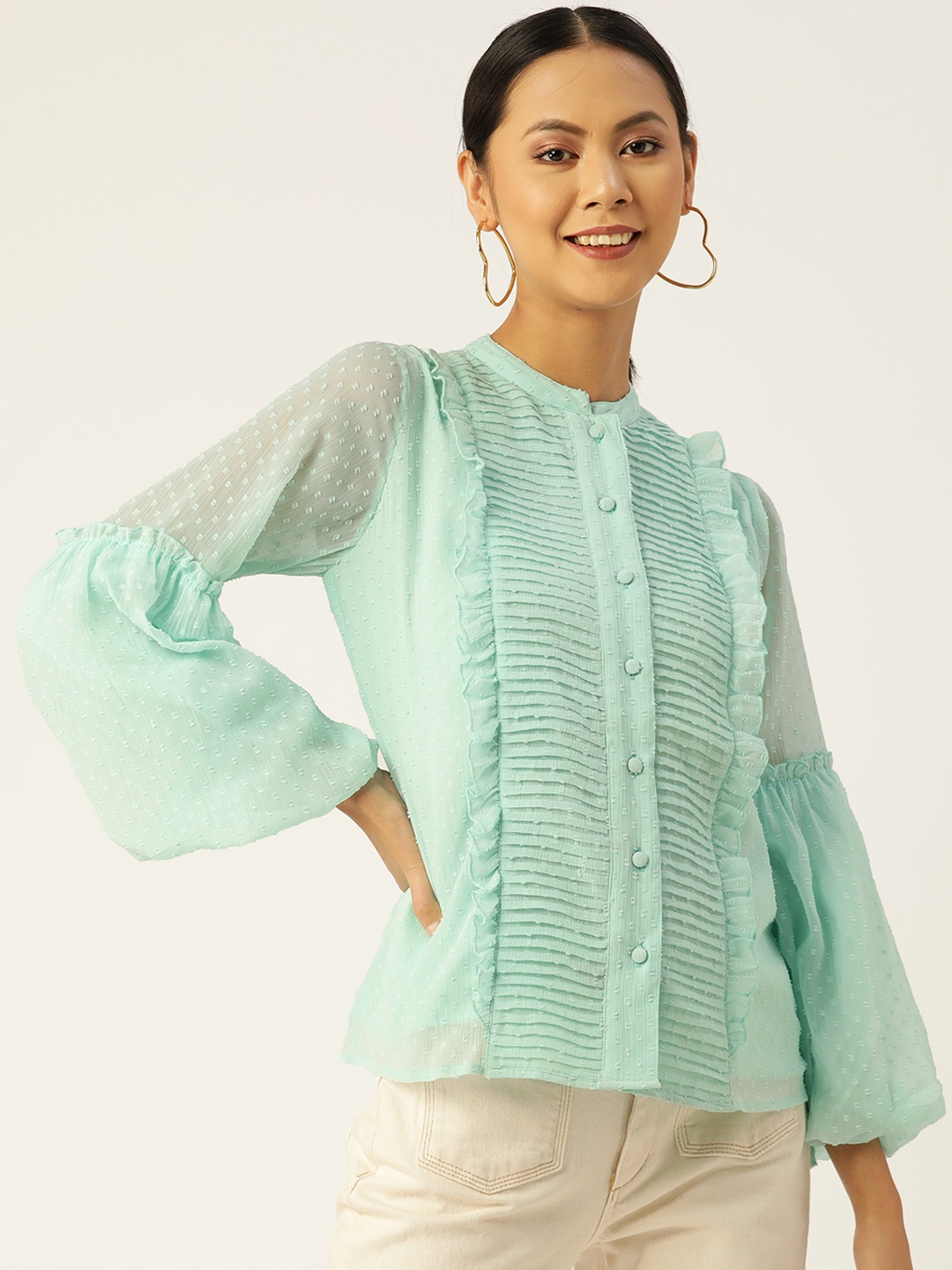 Antheaa Women Sea Green Solid Puff Sleeves Chiffon Top
