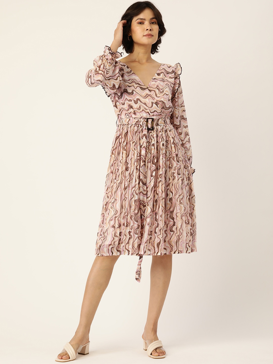 

Antheaa Pink & Brown Chiffon A-Line Dress