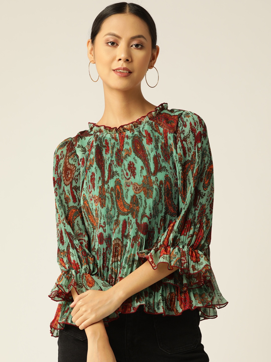 

Antheaa Women Red & Orange Ethnic Motif Print Puff Sleeves with Ruffles Chiffon Top