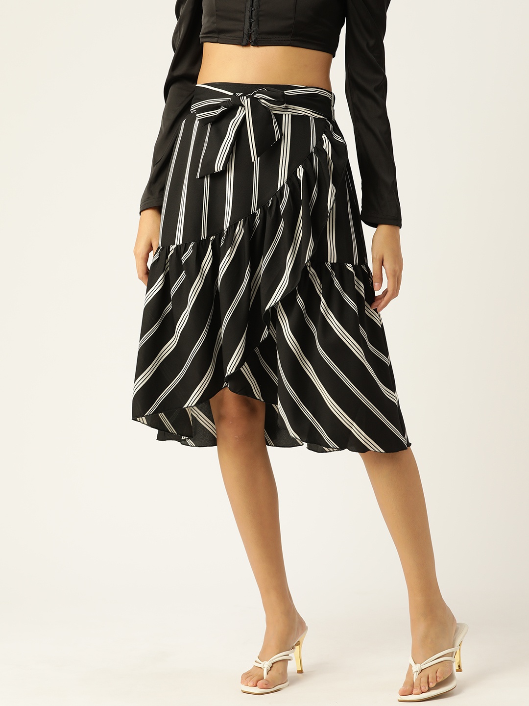 

Antheaa Women Black & White Striped Frilled Wrap Skirt