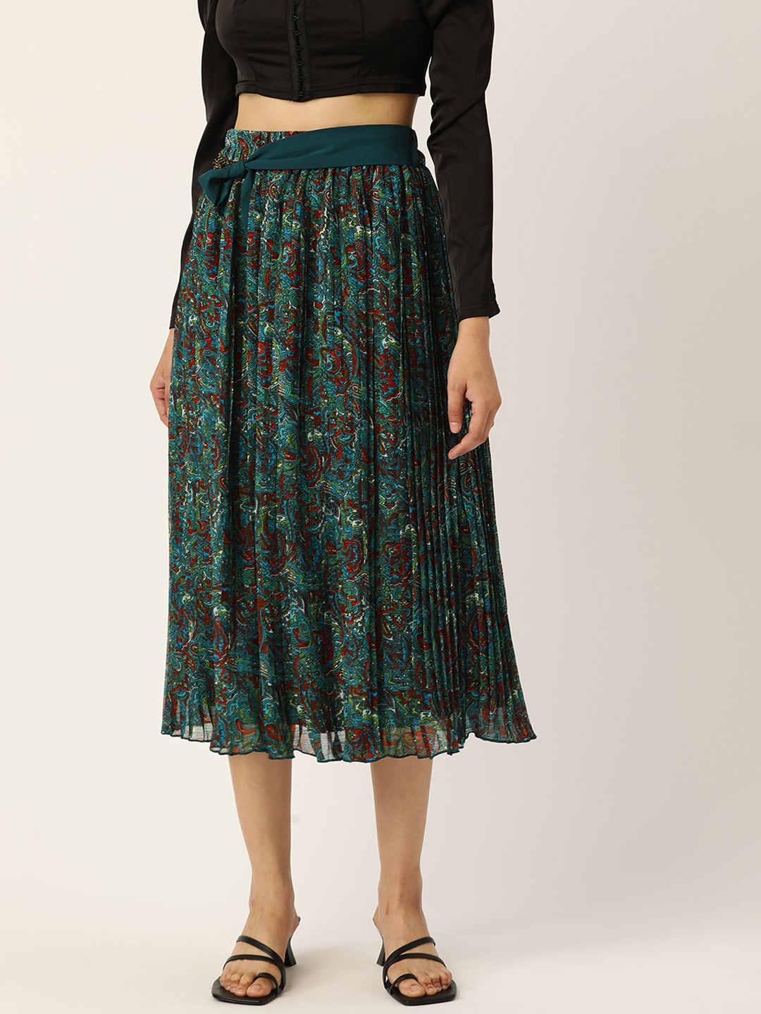 

Antheaa Women Green & Maroon Printed Pleated A-Line Midi Skirt, Teal