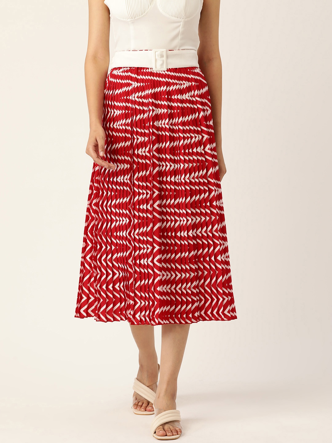

Antheaa Women Red & White Printed Pleated A-Line Midi Skirt