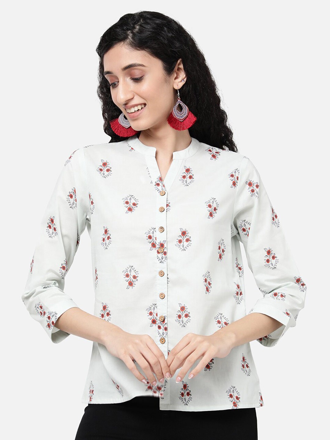 

R&B White & Pink Shirt Collar Printed Tunic