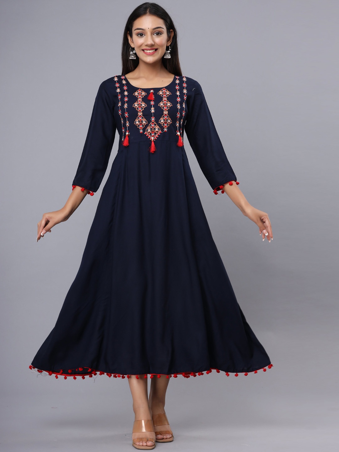 

ADAA JAIPUR Women Blue Geometric Embroidered Thread Work Anarkali Kurta