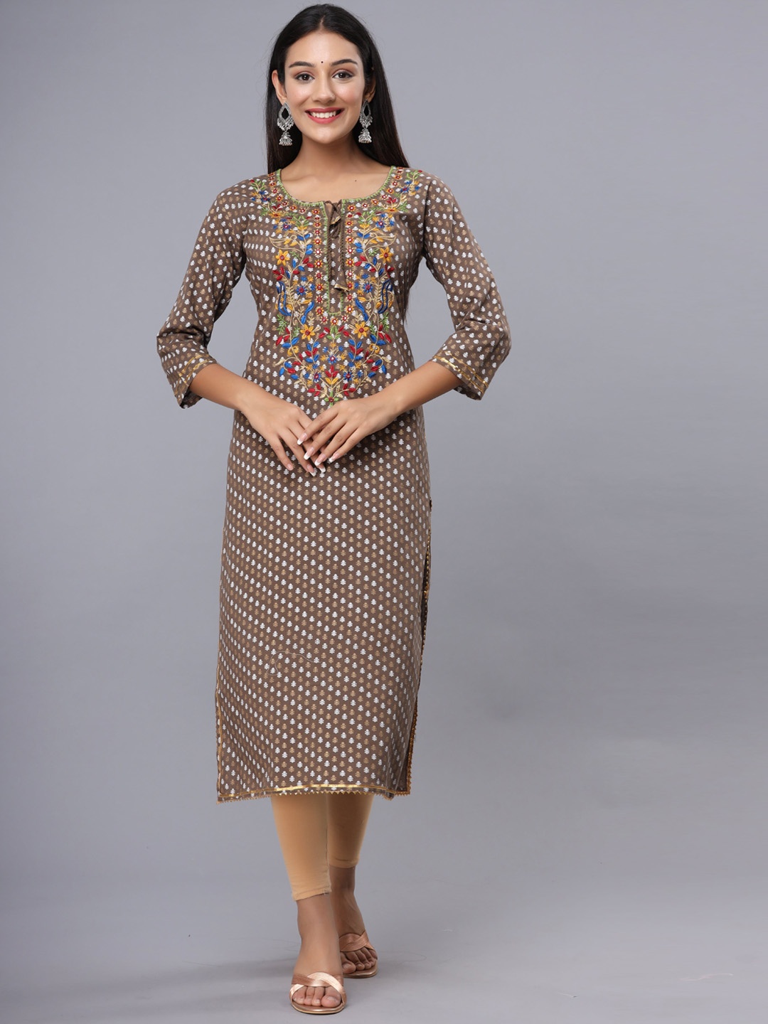

ADAA JAIPUR Women Brown Ethnic Motifs Printed Thread Work Kurta