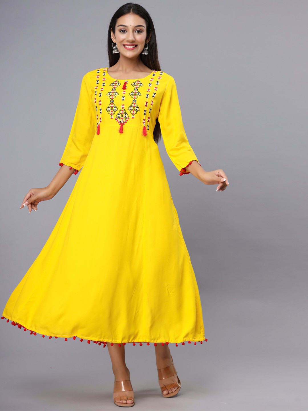 

ADAA JAIPUR Women Yellow Embroidered Thread Work Anarkali Kurta
