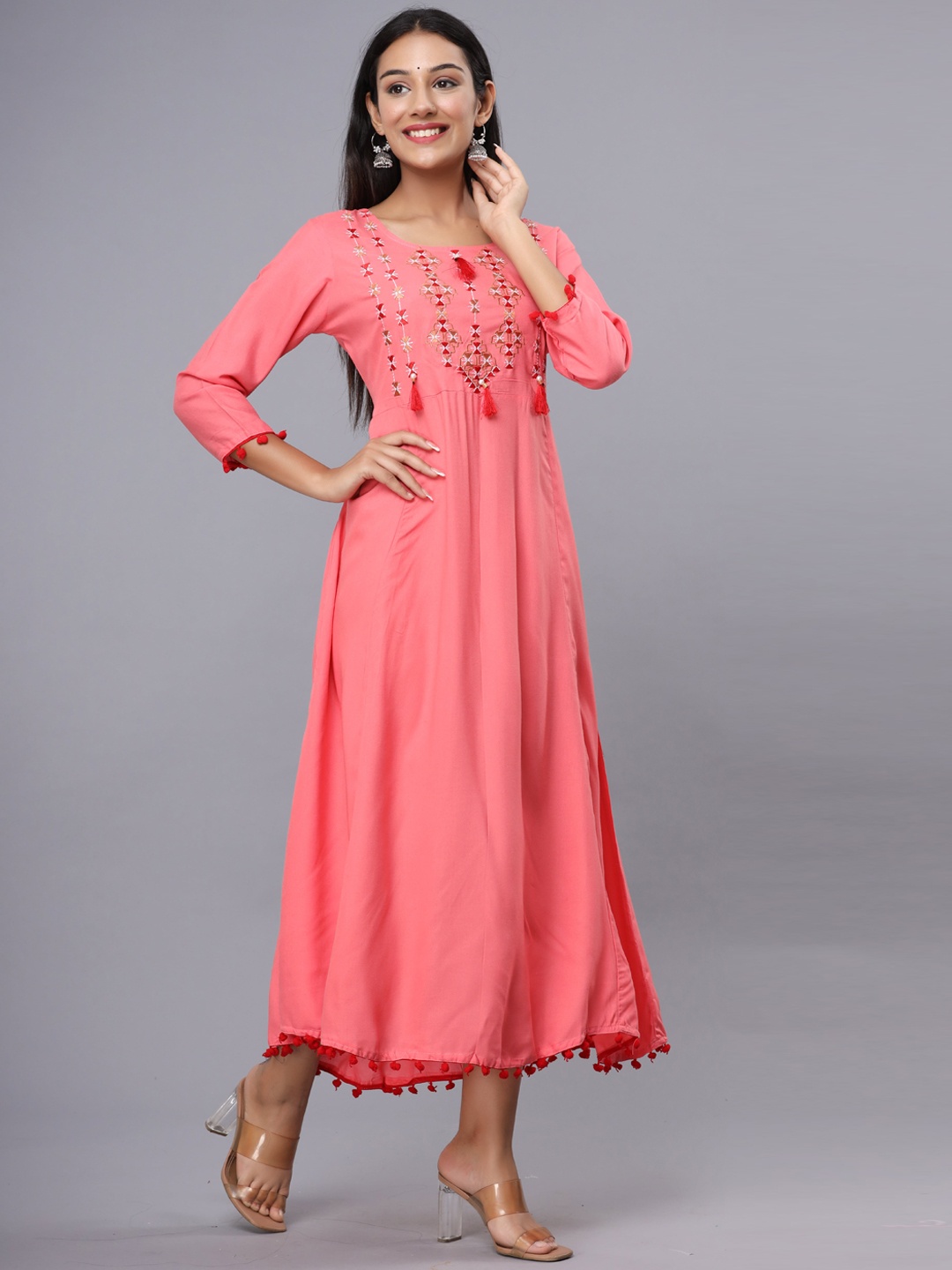 

ADAA JAIPUR Women Peach-Coloured Embroidered Thread Work Anarkali Kurta