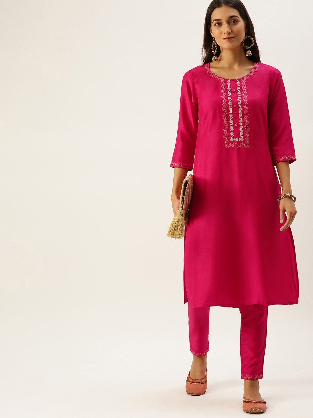 

Vedic Women Pink Ethnic Motifs Yoke Design Thread Work Kurta with Trousers