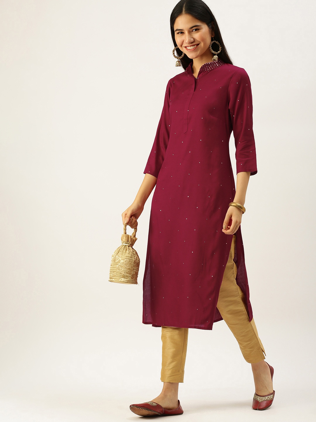 

Vedic Women Maroon Embellished Mirror Work Kurta