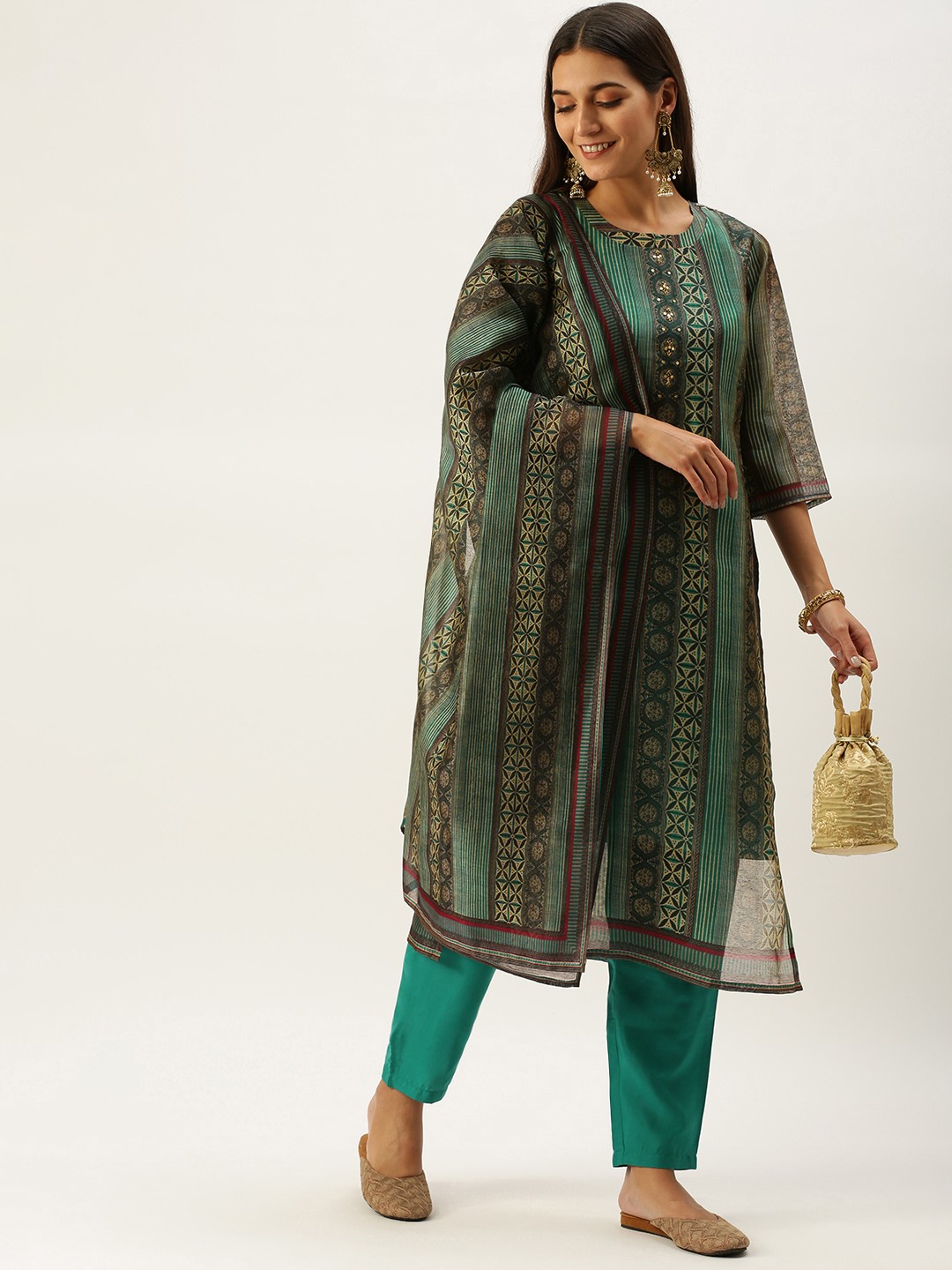 

Vedic Women Turquoise Blue Ethnic Motifs Printed Sequinned Pure Cotton Kurta with Trousers & With Dupatta