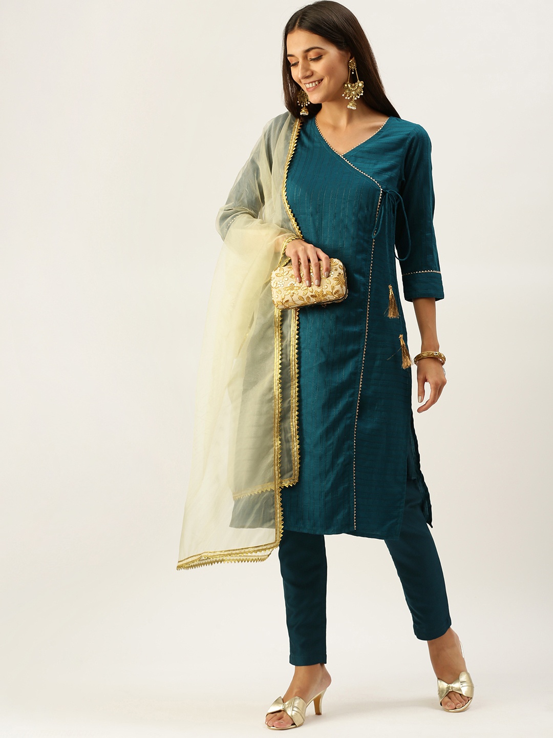 

Vedic Women Teal Blue Striped Angrakha Gotta Patti Kurta with Trousers & Dupatta