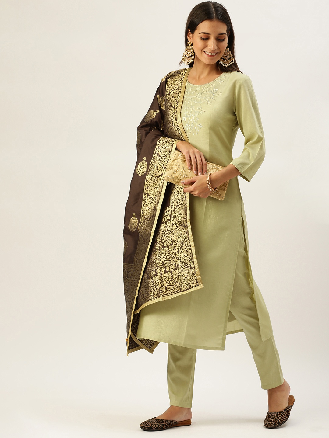 

Vedic Women Green Floral Yoke Design Gotta Patti Kurta with Trousers & With Dupatta