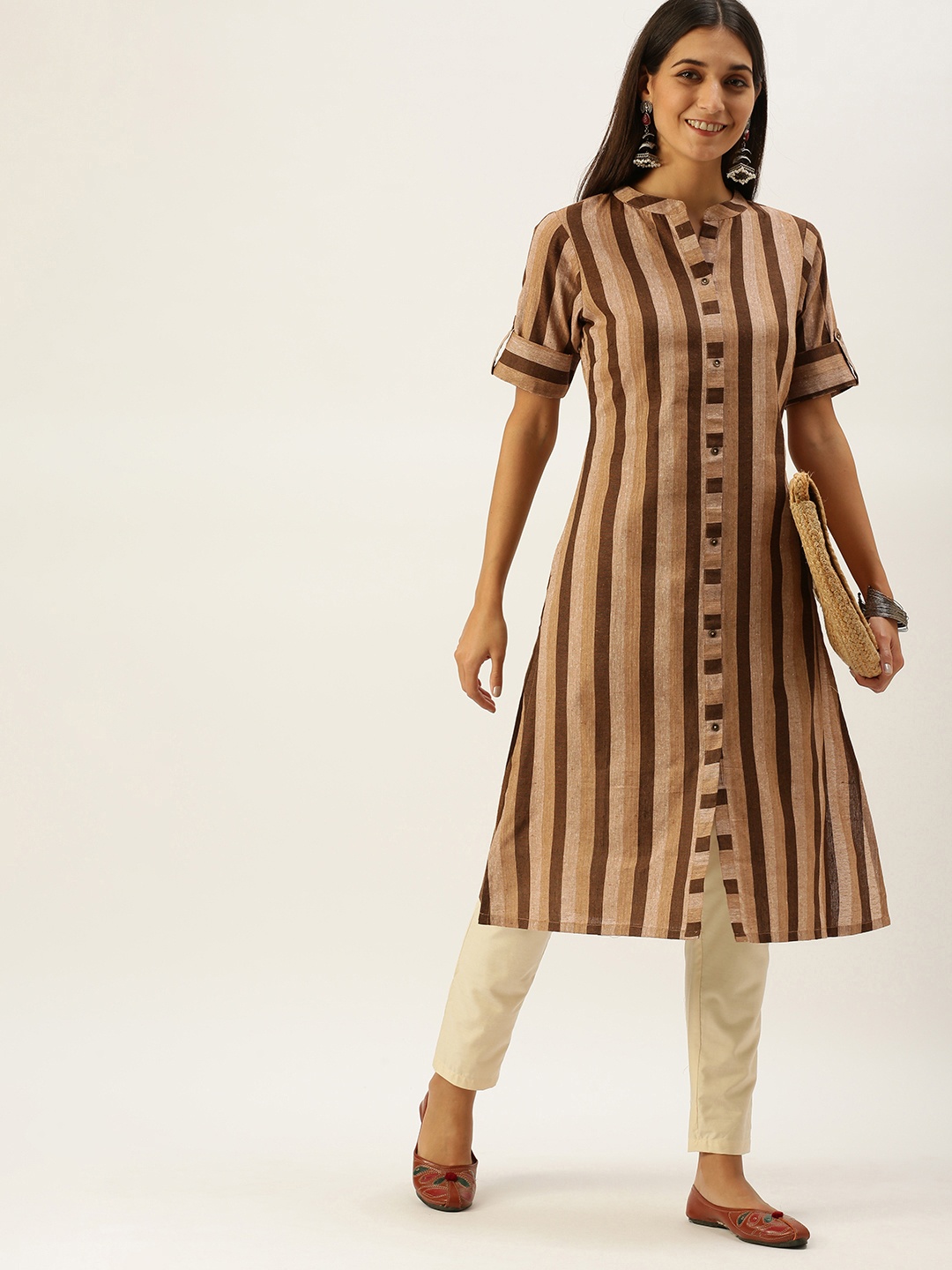 

Vedic Women Brown Striped Cotton Kurta