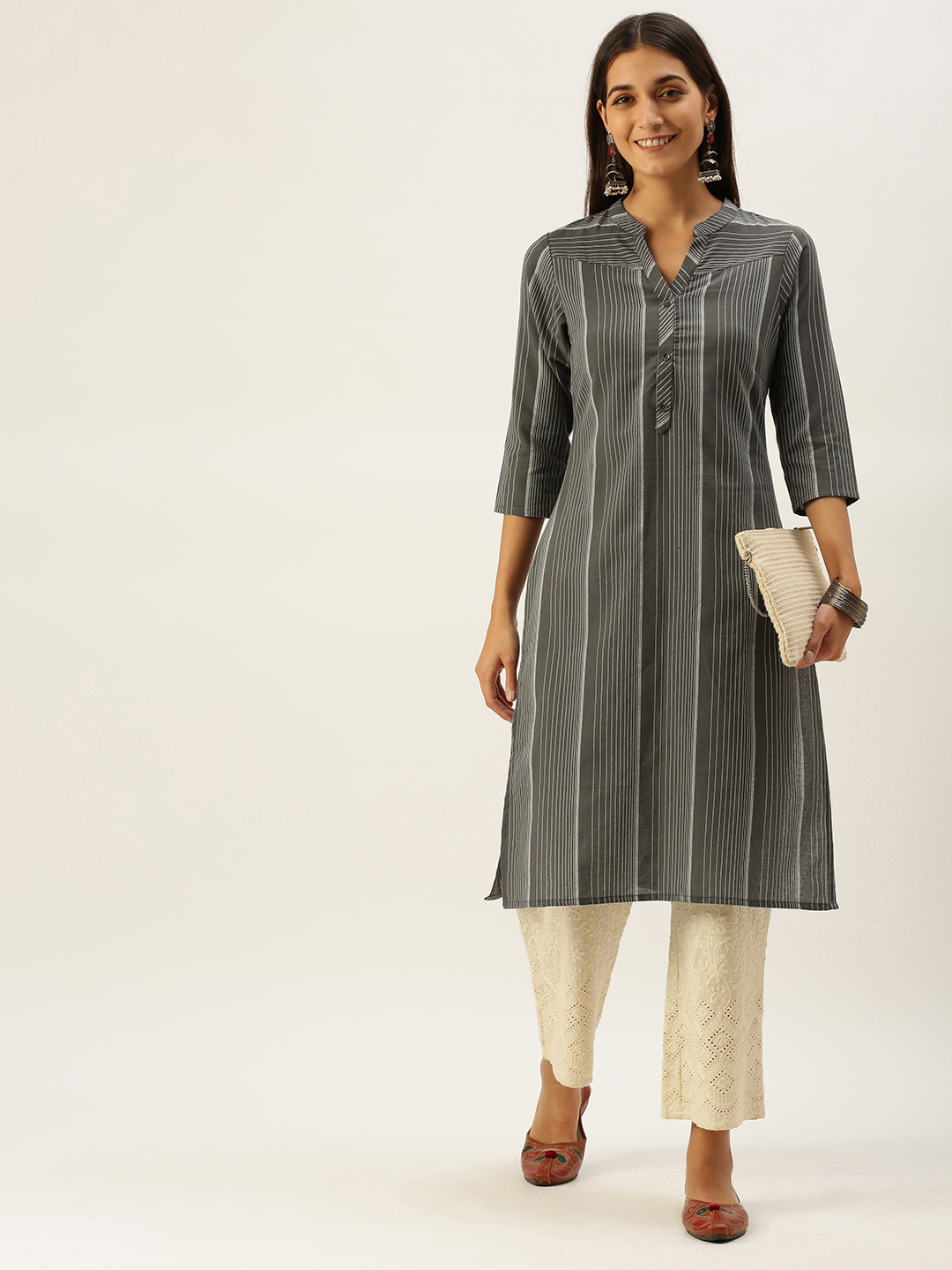 

Vedic Women Charcoal Grey & White Striped Pure Cotton Kurta