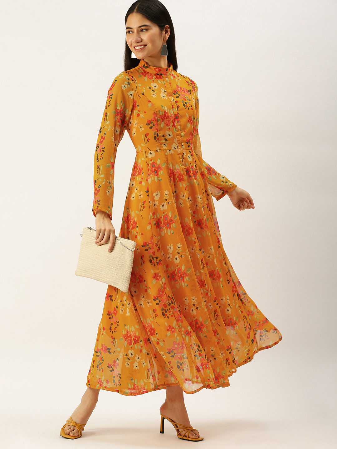 

Vedic Women Mustard Yellow & Pink Floral Printed Floral Anarkali Kurta