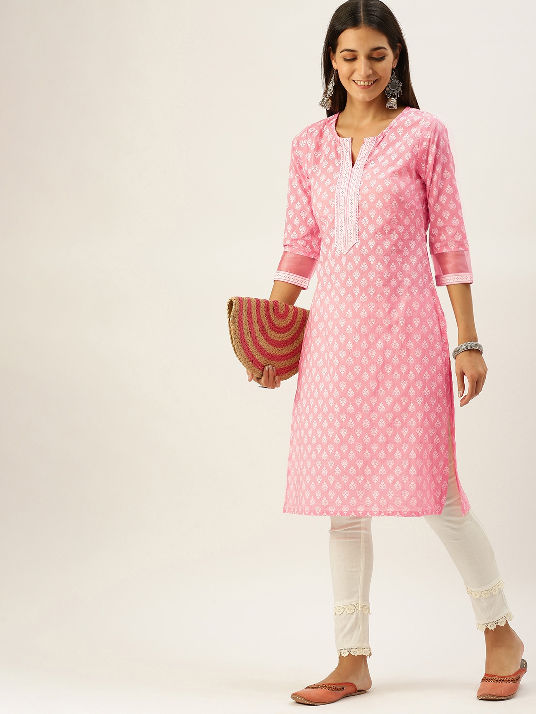 

Vedic Women Pink & White Ethnic Motifs Printed Pure Cotton Kurta