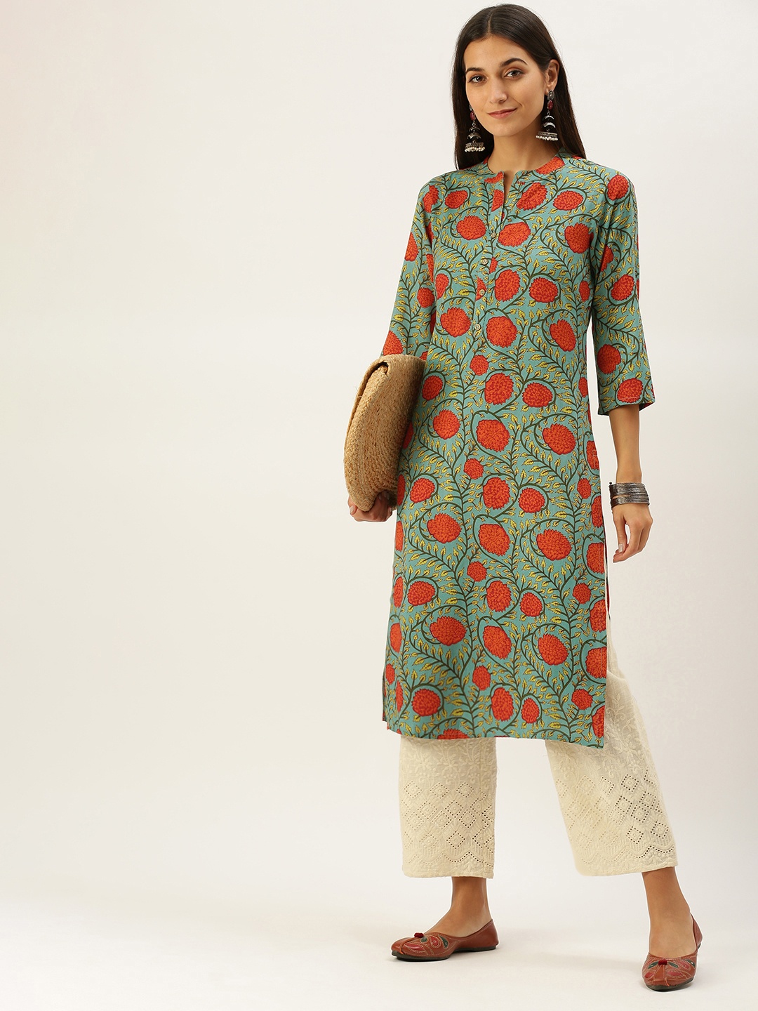 

Vedic Women Sea Green & Red Ethnic Motifs Printed Kurta