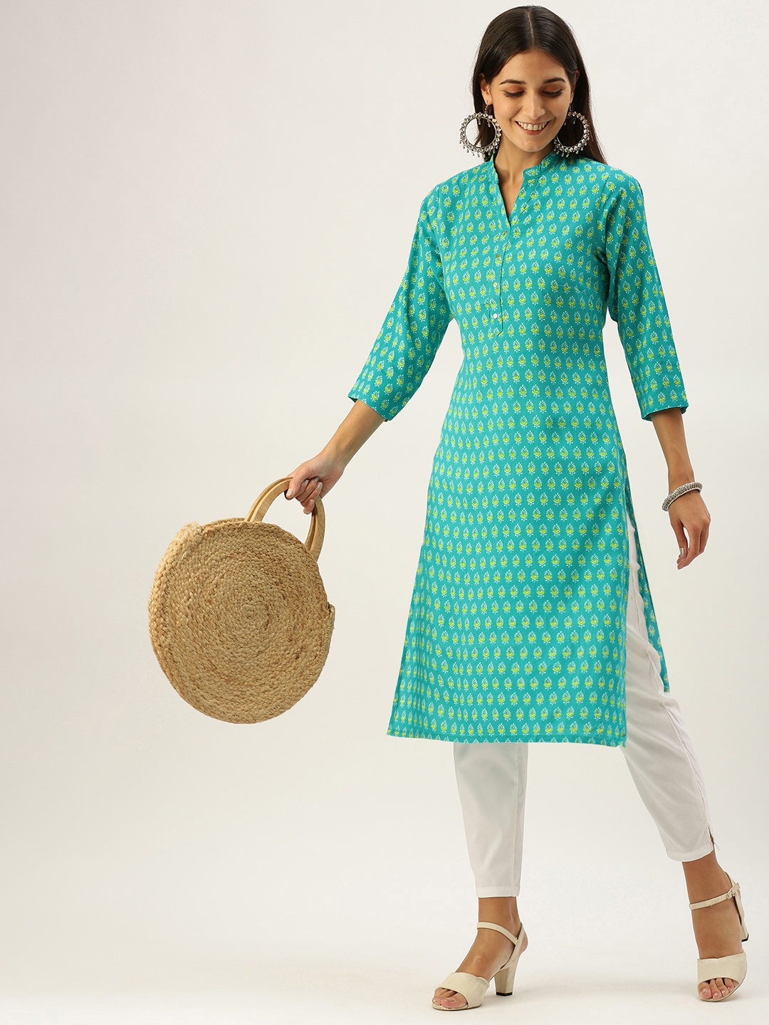 

Vedic Women Sea Green & Yellow Ethnic Motifs Printed Kurta