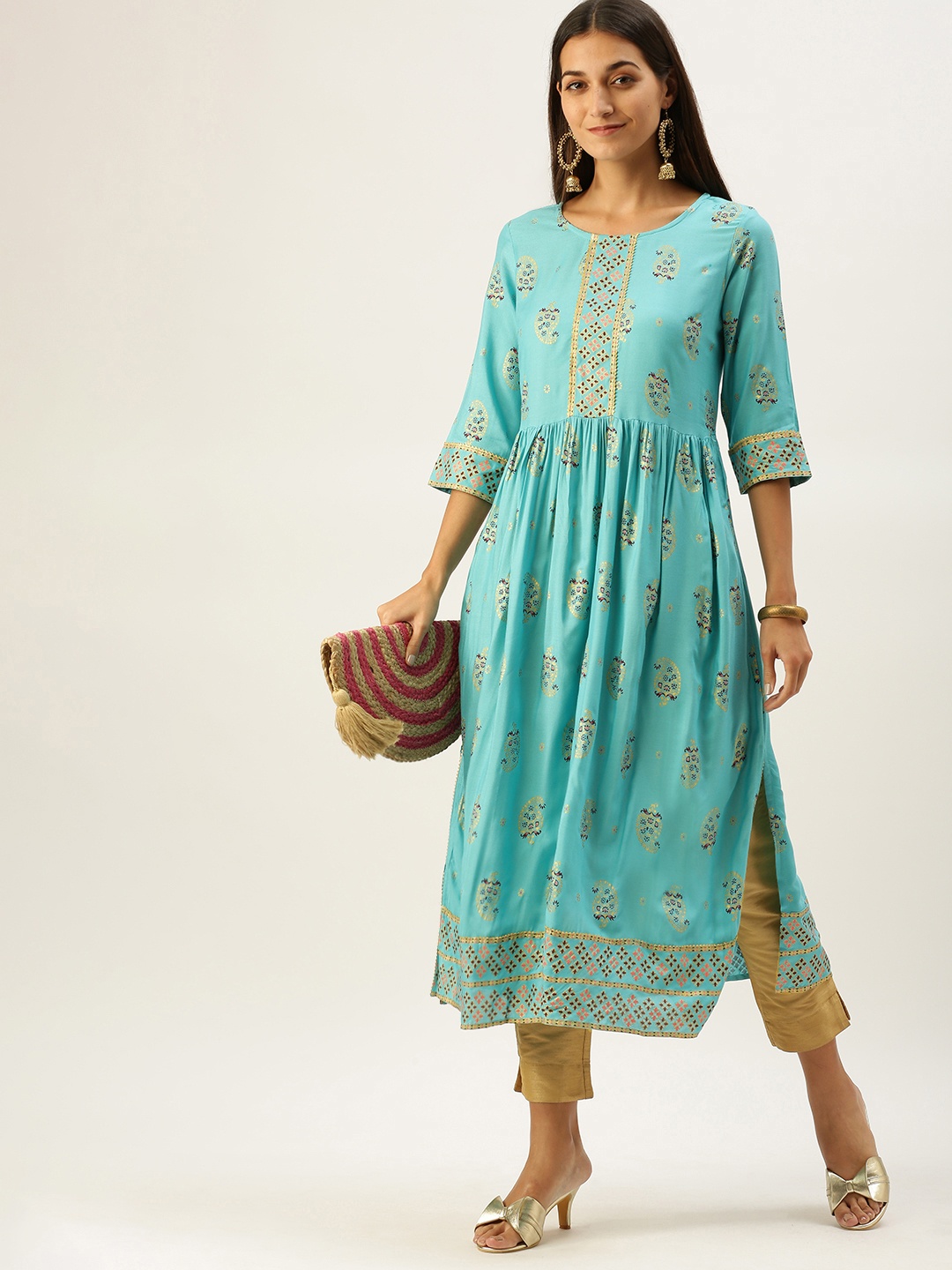 

Vedic Women Turquoise Blue & Golden Ethnic Motifs Printed Kurta