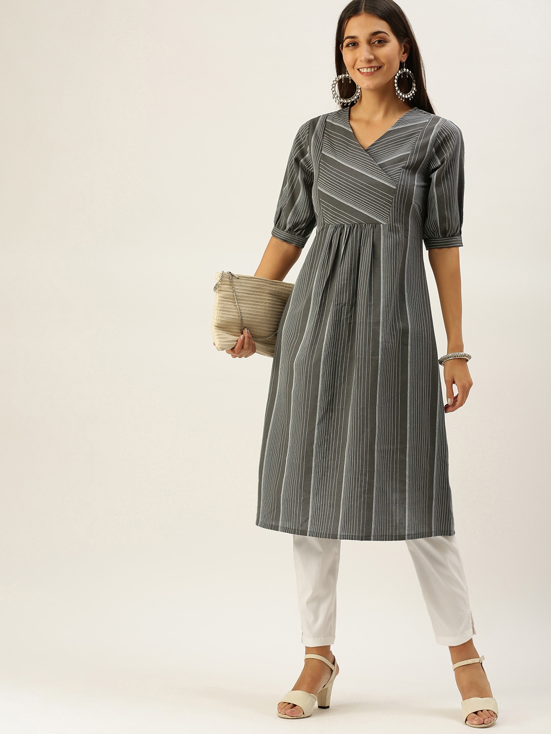 

Vedic Women Grey Striped Kurta