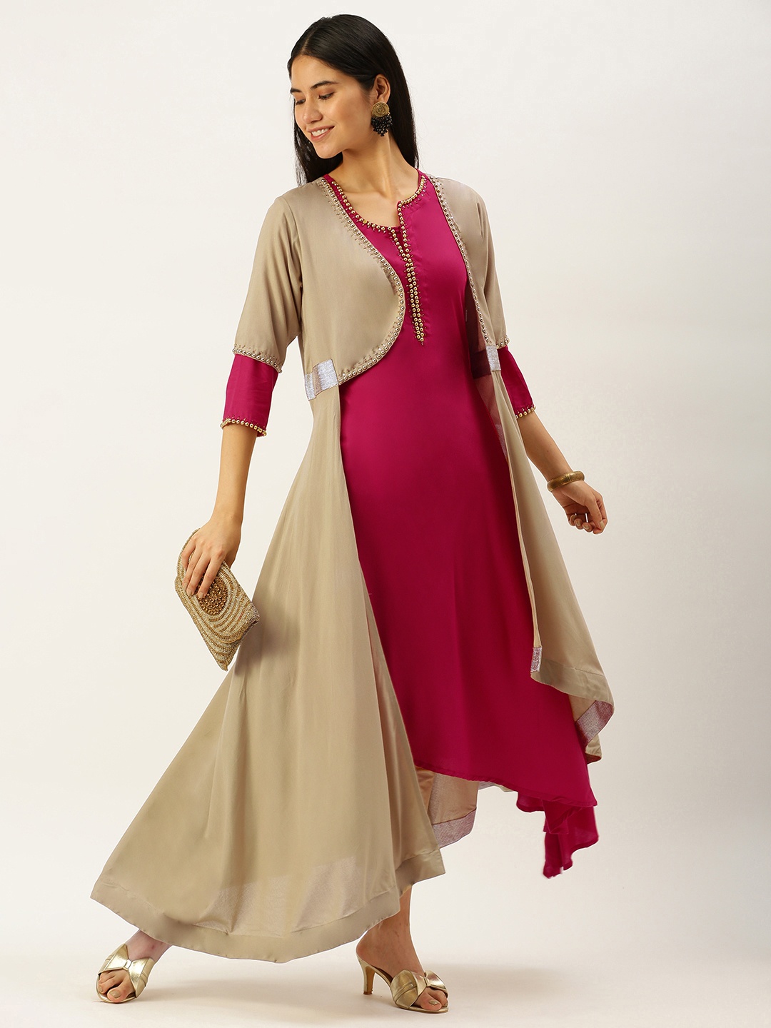 

Vedic Women Fuchsia & Olive Green Asymmetric Kurta with Long Jacket