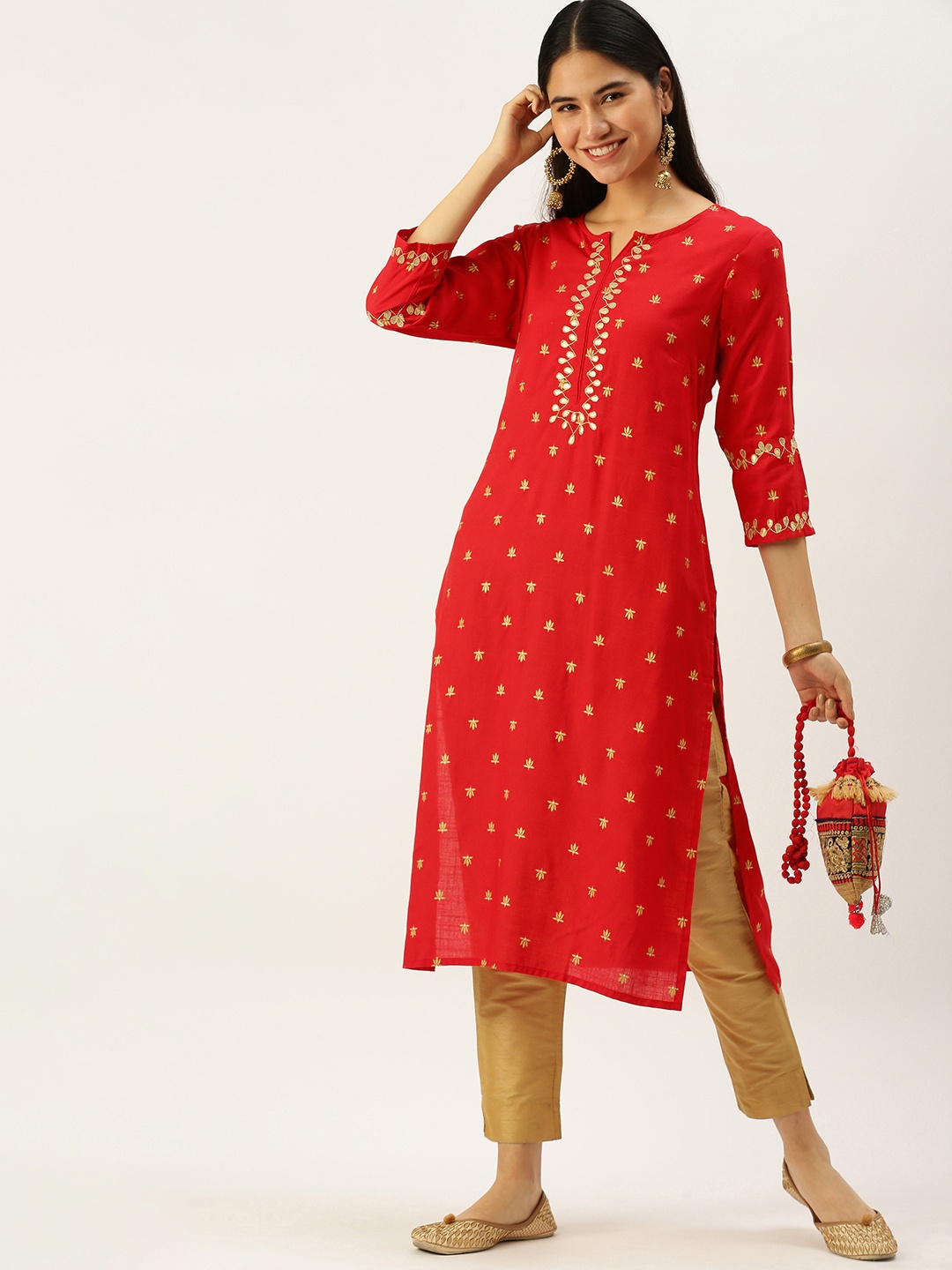 

Vedic Women Red & Golden Ethnic Motifs Gotta Patti Kurta