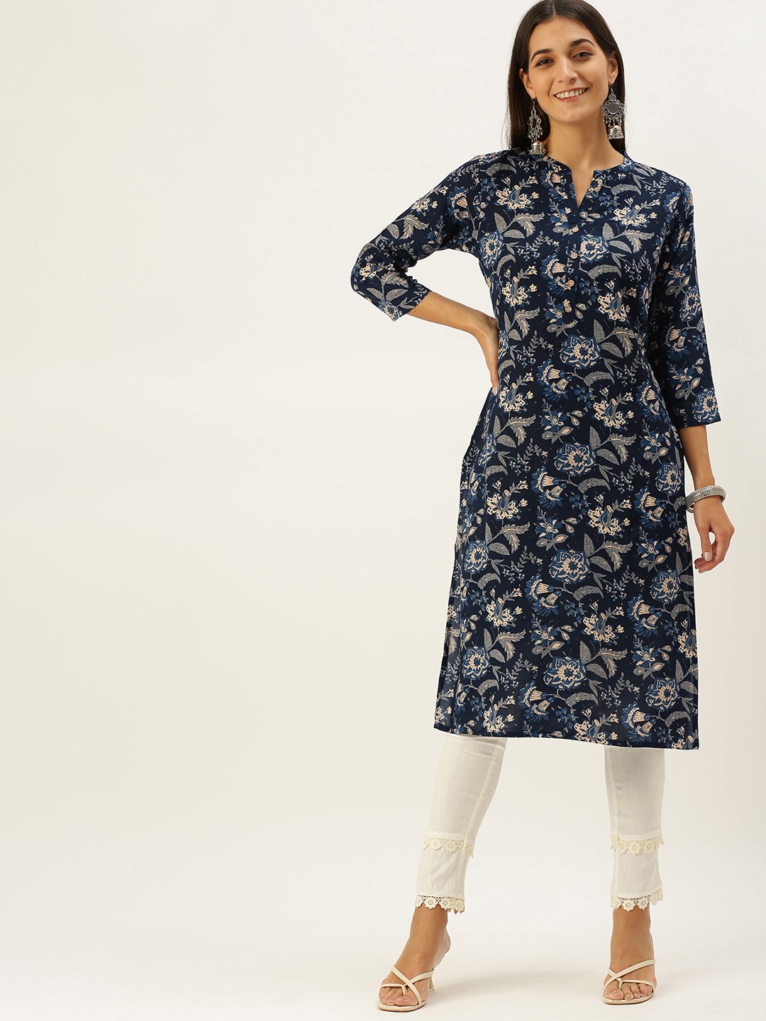 

Vedic Women Navy Blue & Beige Floral Printed Floral Kurta