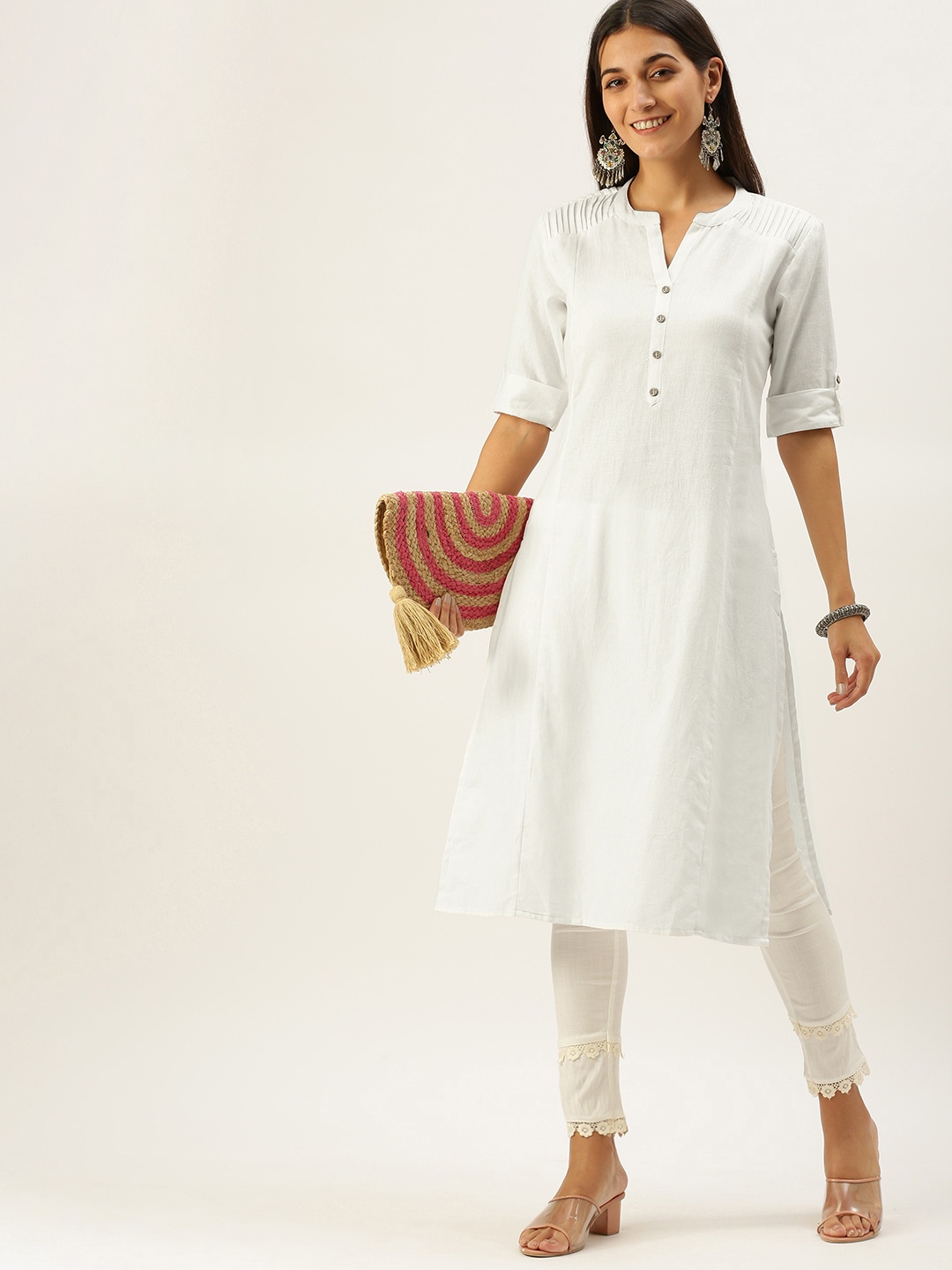 

Vedic Women White Striped Kurta