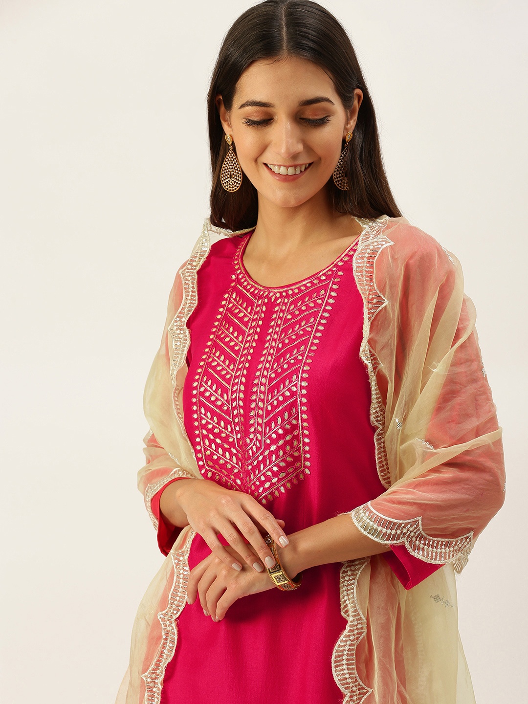 

Vedic Women Pink Ethnic Motifs Yoke Design Gotta Patti Kurta with Trousers & With Dupatta
